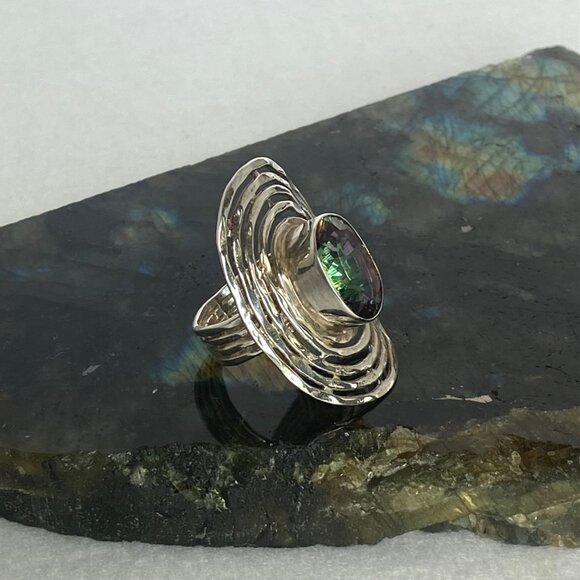 Sterling Silver 925 India Large Bezel Set Oval Mystic Quartz Statement Ring 5.5 - Picture 13 of 16